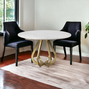 Homeroots 48" White And Gold Rounded Marble And Metal Pedestal Base Dining Table   380467