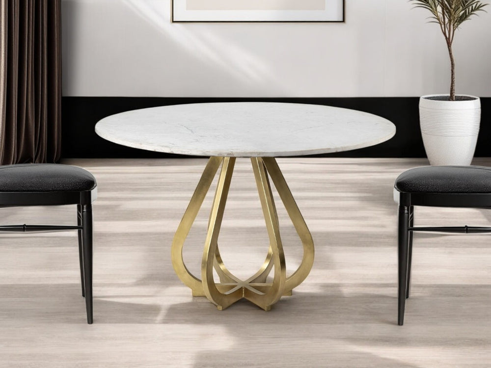 HomeRoots 48" White Marble & Gold Metal Pedestal Dining Table - Elegant Round Design for Modern Interiors 380467