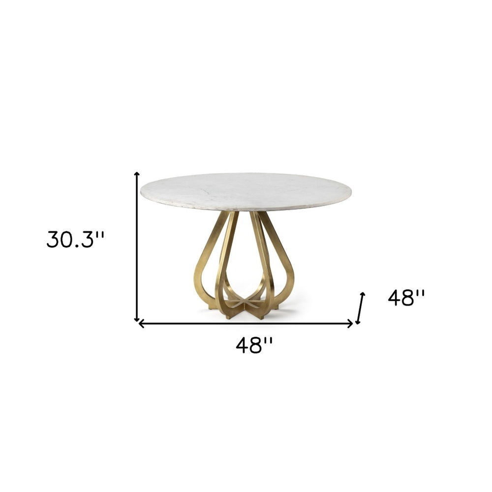 HomeRoots 48" White Marble & Gold Metal Pedestal Dining Table - Elegant Round Design for Modern Interiors 380467