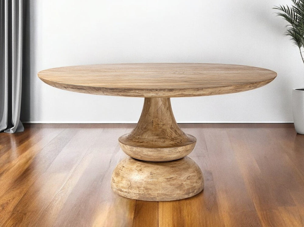 HomeRoots 60" Natural Solid Wood Round Pedestal Dining Table - Modern Design for Comfort & Style in Any Space 380473