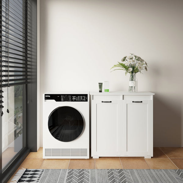 English Elm Laundry Cabinet Dual-Compartment Hamper with 2 Removable Liner Bags, Durable Melamine Finish, Space-Saving Storage W331P206345