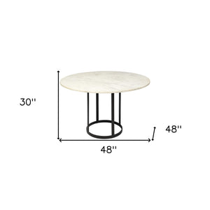 Homeroots 48" White And Black Rounded Marble And Metal Pedestal Base Dining Table   380478