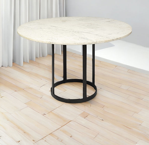 Homeroots 48" White And Black Rounded Marble And Metal Pedestal Base Dining Table   380478