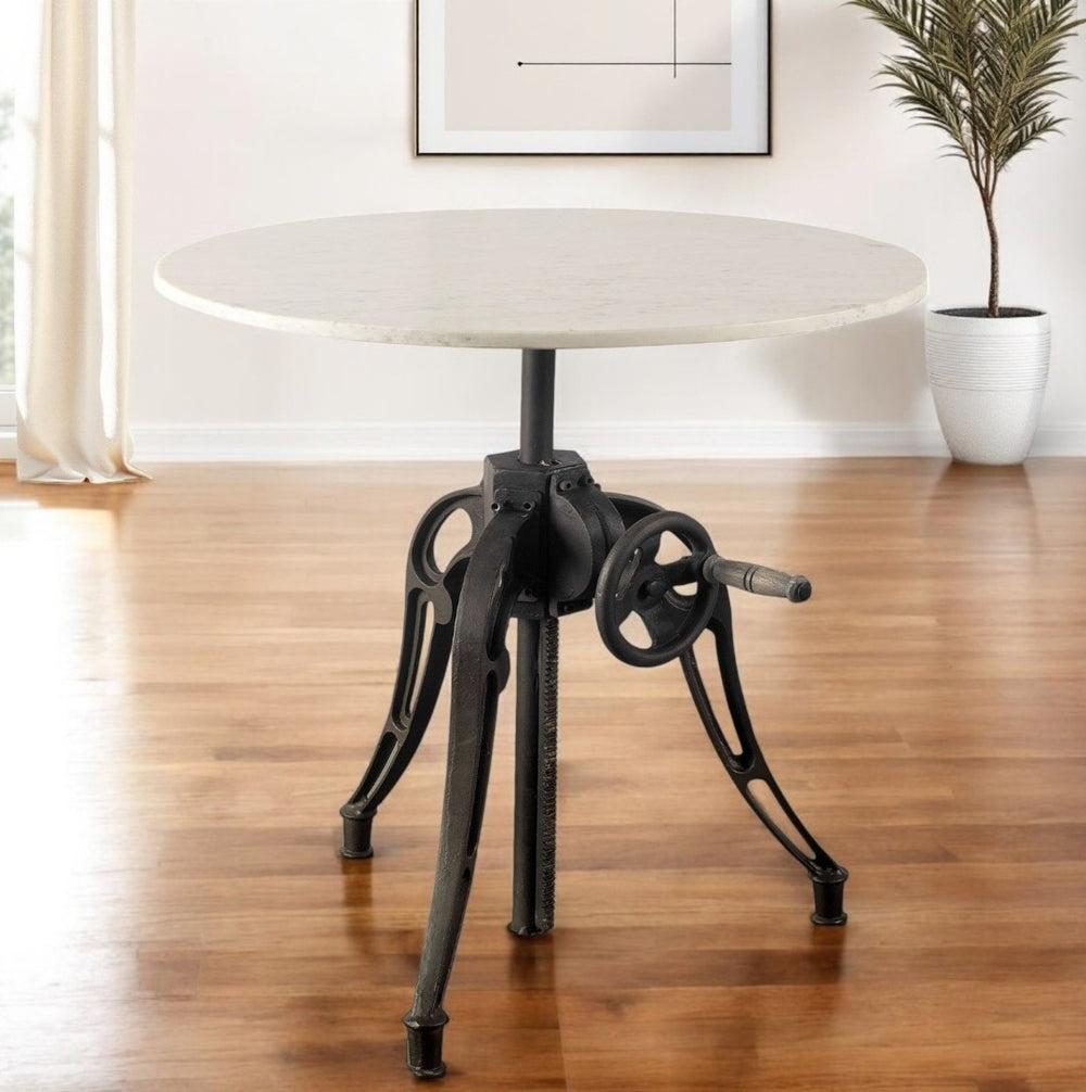 HomeRoots 30" White Marble Round Dining Table with Black Metal Three-Leg Base for Modern Spaces & Cozy Nooks 380481