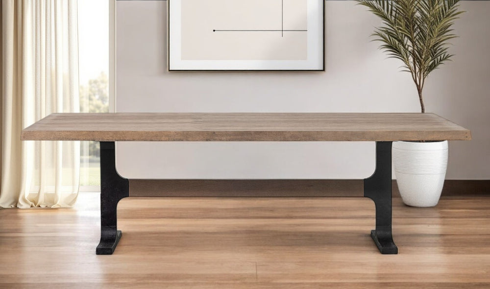 HomeRoots 96" Two-Tone Solid Wood and Black Metal Trestle Dining Table - Stylish, Durable, Seats 6 Comfortably 380482
