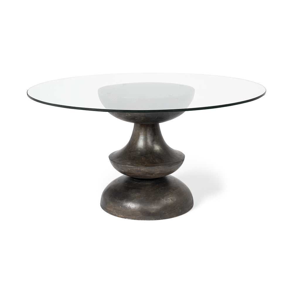 Homeroots 60" Clear And Brown Rounded Glass And Solid Manufactured Wood Pedestal Base Dining Table   380484