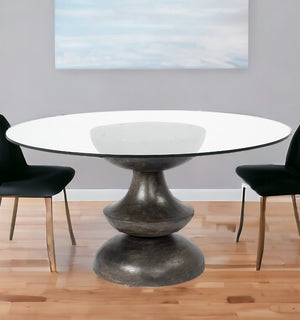 Homeroots 60" Clear And Brown Rounded Glass And Solid Manufactured Wood Pedestal Base Dining Table   380484