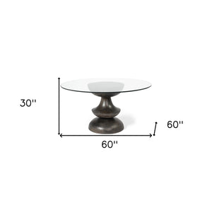 Homeroots 60" Clear And Brown Rounded Glass And Solid Manufactured Wood Pedestal Base Dining Table   380484