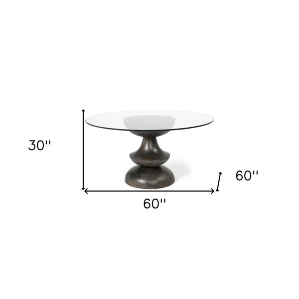 Homeroots 60" Clear And Brown Rounded Glass And Solid Manufactured Wood Pedestal Base Dining Table   380484