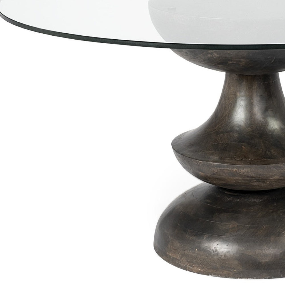 HomeRoots 60" Modern Round Glass Dining Table with Brown Wood Pedestal Base - Stylish, Easy-Clean Centerpiece 380484