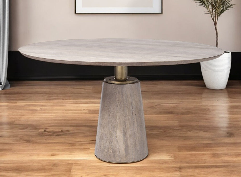 HomeRoots 54" Elegant Brown and Gold Round Pedestal Dining Table - Perfect for Meals and Conversations! 380485