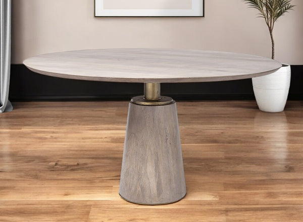 HomeRoots 54" Elegant Brown and Gold Round Pedestal Dining Table - Perfect for Meals and Conversations! 380485
