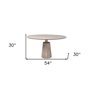 Homeroots 54" Brown And Gold Rounded Solid Wood And Metal Pedestal Base Dining Table   380485