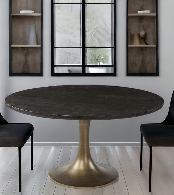Homeroots 54" Black And Brass Rounded Solid Wood And Metal Pedestal Base Dining Table   380486