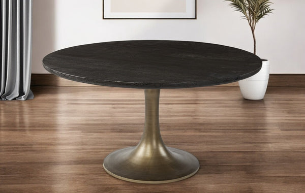 HomeRoots 54" Black and Brass Pedestal Dining Table - Modern Solid Wood Design for Stylish Gatherings & Meals 380486