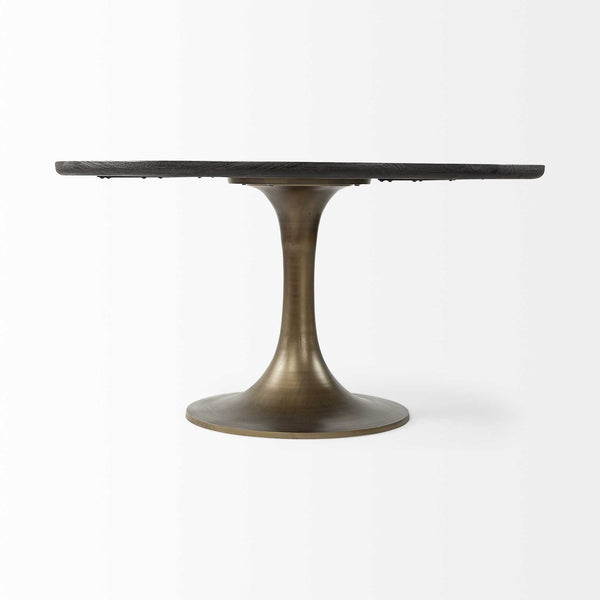 Homeroots 54" Black And Brass Rounded Solid Wood And Metal Pedestal Base Dining Table   380486