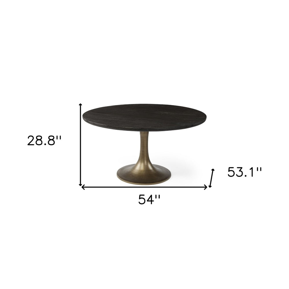 HomeRoots 54" Black and Brass Pedestal Dining Table - Modern Solid Wood Design for Stylish Gatherings & Meals 380486