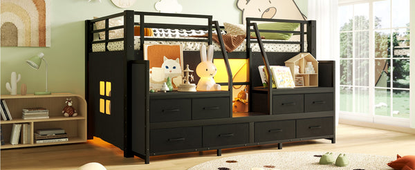 English Elm Twin Low Loft Bed with Shelves Fabric Drawers and Under Bed Study Nook Metal Frame Black W5305S00043