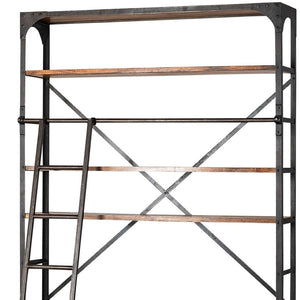 HomeRoots 94" Industrial-Rustic Library Bookcase with Moveable Ladder, 4 Drawers & Open Shelves for Storage 380587