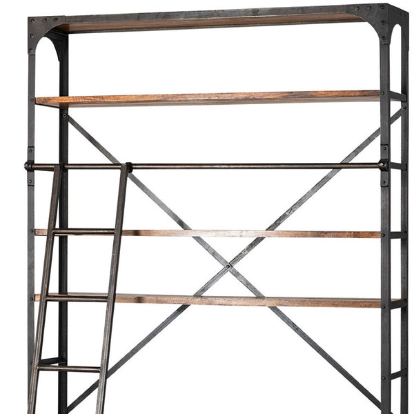 HomeRoots 94" Industrial-Rustic Library Bookcase with Moveable Ladder, 4 Drawers & Open Shelves for Storage 380587