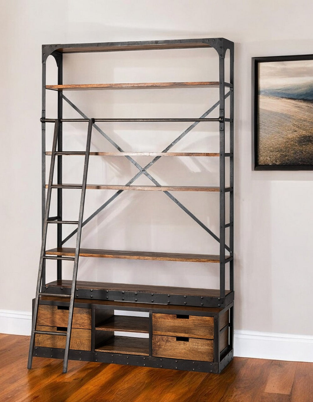 HomeRoots 94" Industrial-Rustic Library Bookcase with Moveable Ladder, 4 Drawers & Open Shelves for Storage 380587