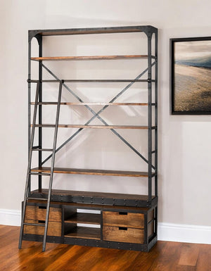 HomeRoots 94" Industrial-Rustic Library Bookcase with Moveable Ladder, 4 Drawers & Open Shelves for Storage 380587