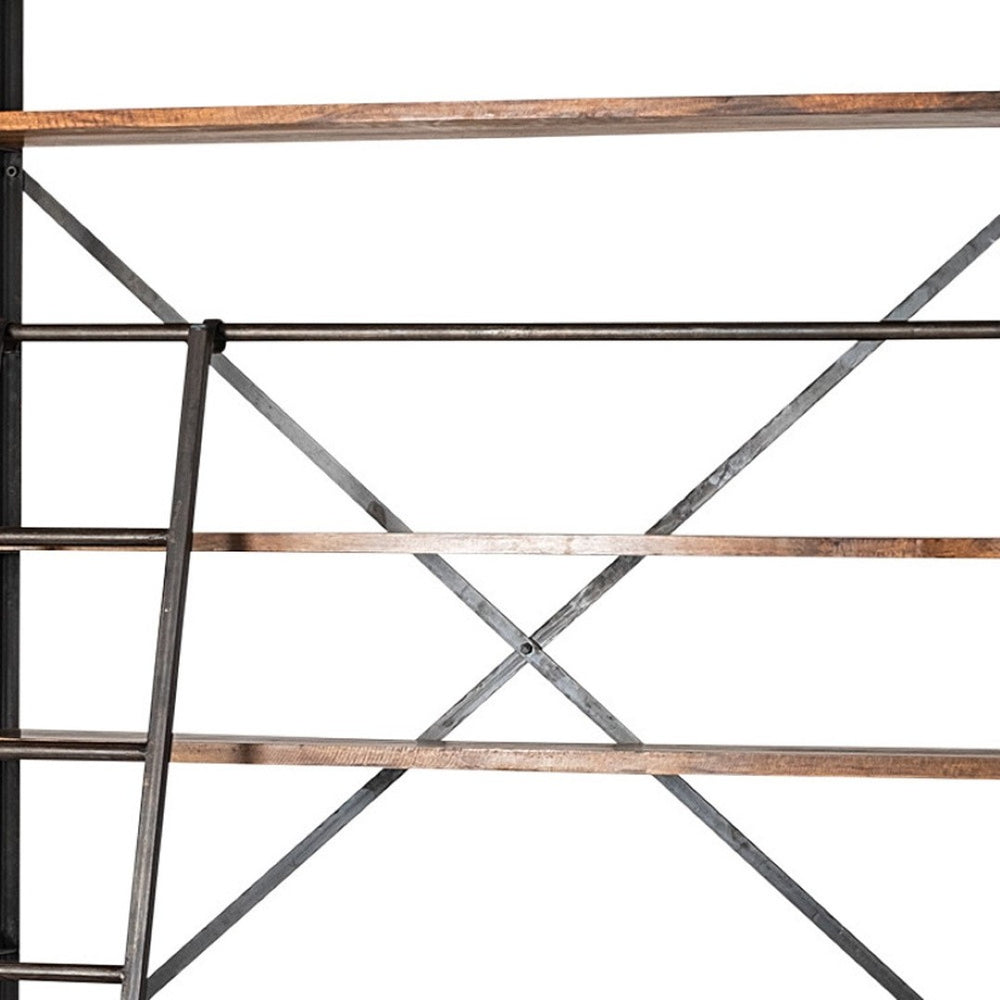 HomeRoots 94" Industrial-Rustic Library Bookcase with Moveable Ladder, 4 Drawers & Open Shelves for Storage 380587