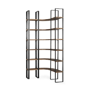 Homeroots Curved Dark Brown Wood And Black Iron 6 Shelving Unit   380588