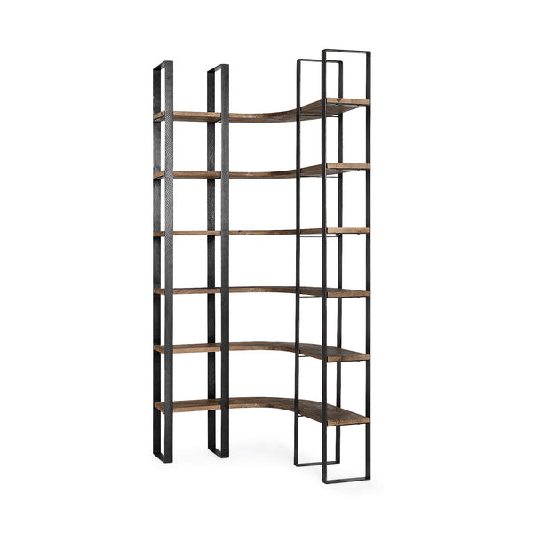Homeroots Curved Dark Brown Wood And Black Iron 6 Shelving Unit   380588