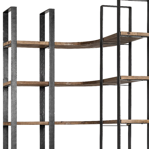 Homeroots Curved Dark Brown Wood And Black Iron 6 Shelving Unit   380588