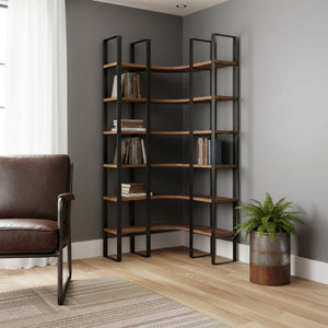 HomeRoots 90" Industrial-Style Black Iron and Warm Brown Wood Six-Tier Bookcase for Chic Storage Solutions 380588