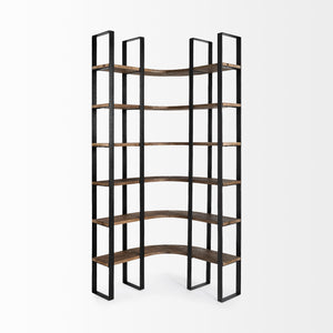 Homeroots Curved Dark Brown Wood And Black Iron 6 Shelving Unit   380588