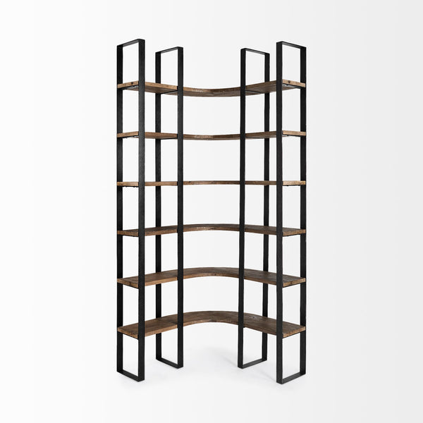 Homeroots Curved Dark Brown Wood And Black Iron 6 Shelving Unit   380588