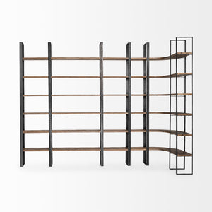 Homeroots Curved Dark Brown Wood And Black Iron 6 Shelving Unit   380588