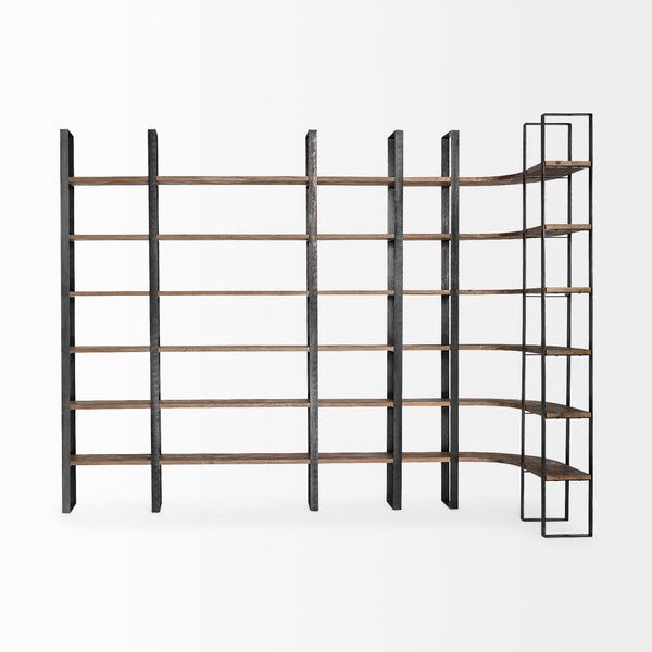 Homeroots Curved Dark Brown Wood And Black Iron 6 Shelving Unit   380588