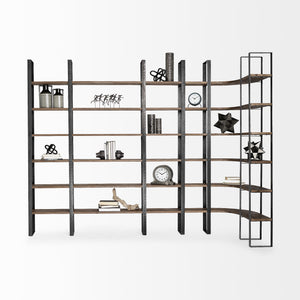 Homeroots Curved Dark Brown Wood And Black Iron 6 Shelving Unit   380588