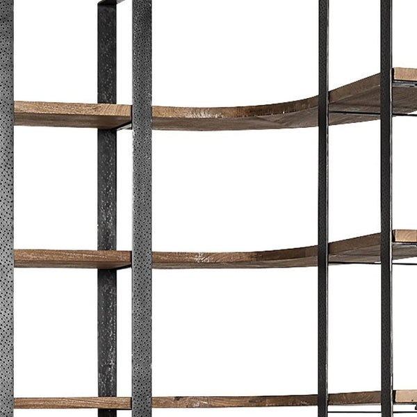 HomeRoots 90" Industrial-Style Black Iron and Warm Brown Wood Six-Tier Bookcase for Chic Storage Solutions 380588