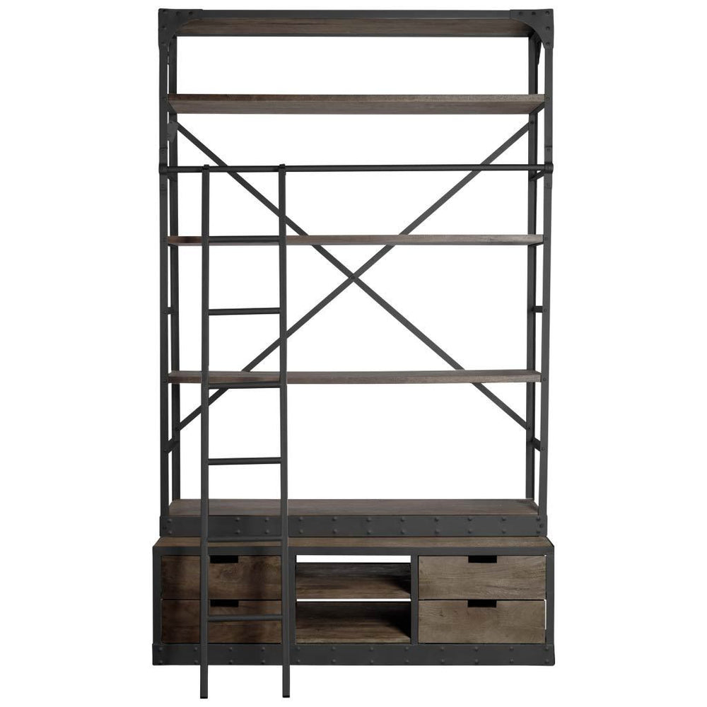 Homeroots Brown Wood Shelving Unit With Gun Metal Ladder And 4 Shelves   380589