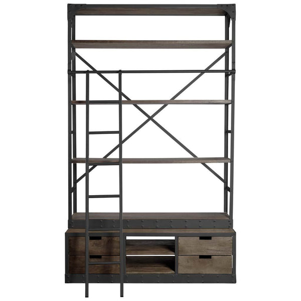 Homeroots Brown Wood Shelving Unit With Gun Metal Ladder And 4 Shelves   380589