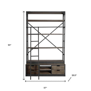 HomeRoots 94" Brown Metal and Wood Four Tier Ladder Bookcase - Stylish Storage & Display for Modern Interiors 380589