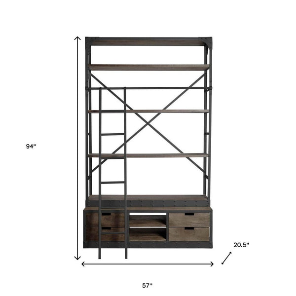 HomeRoots 94" Brown Metal and Wood Four Tier Ladder Bookcase - Stylish Storage & Display for Modern Interiors 380589