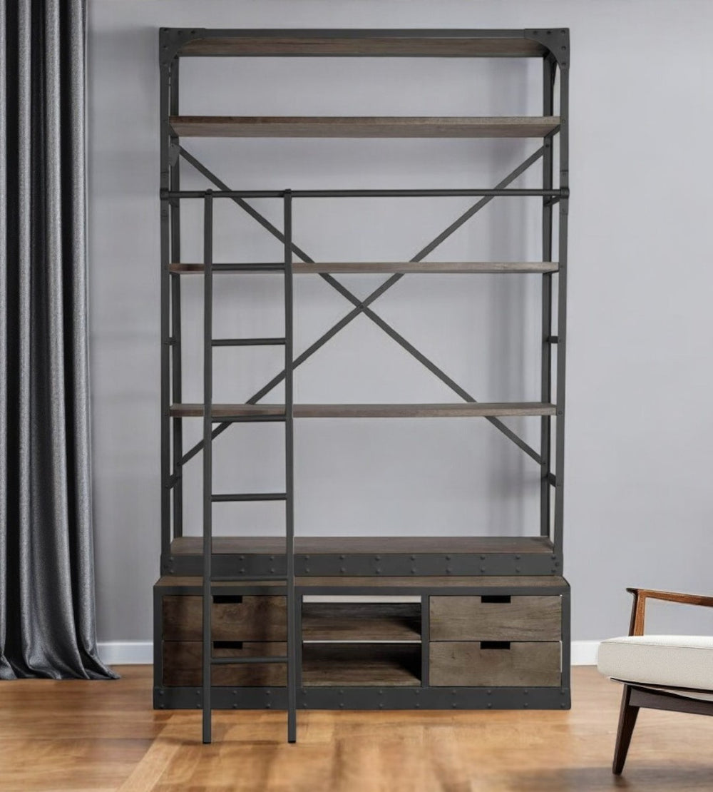 HomeRoots 94" Brown Metal and Wood Four Tier Ladder Bookcase - Stylish Storage & Display for Modern Interiors 380589
