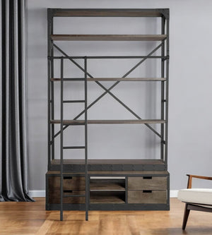 HomeRoots 94" Brown Metal and Wood Four Tier Ladder Bookcase - Stylish Storage & Display for Modern Interiors 380589