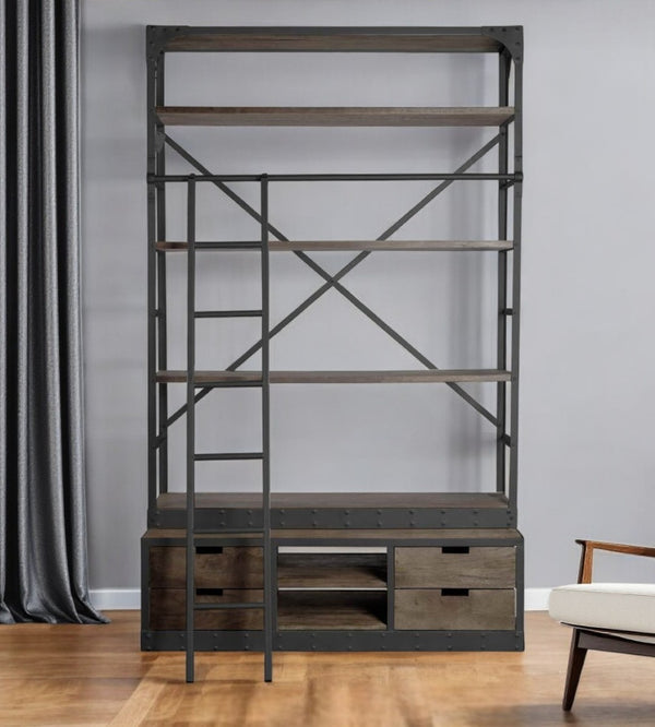 HomeRoots 94" Brown Metal and Wood Four Tier Ladder Bookcase - Stylish Storage & Display for Modern Interiors 380589