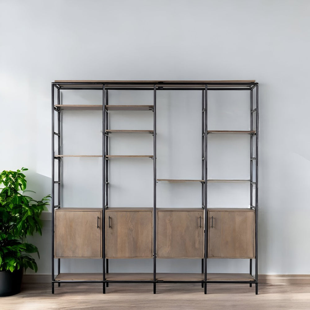 HomeRoots 90" Industrial-Modern Brown Metal and Wood Bookcase for Stylish Storage in Home or Office Spaces 380592