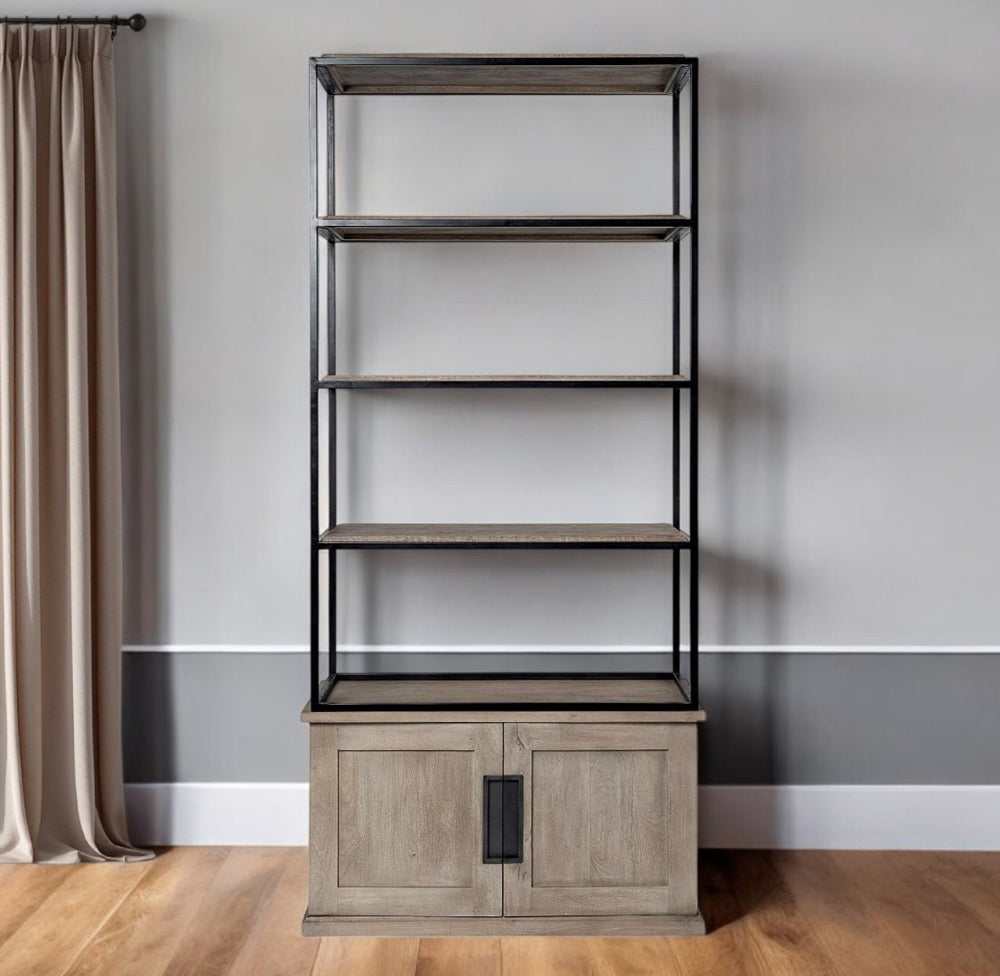 HomeRoots 90" Industrial Brown Iron and Wood Bookcase - Stylish Three Tier Storage for Home or Office Spaces 380594