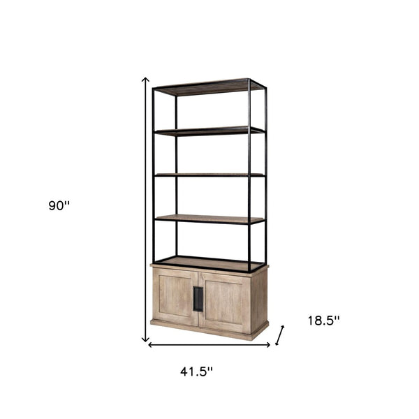 HomeRoots 90" Industrial Brown Iron and Wood Bookcase - Stylish Three Tier Storage for Home or Office Spaces 380594
