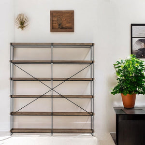 HomeRoots 88" Modern Iron and Wood Five-Tier Bookcase – Industrial-Style Storage for Home or Office Decor 380597