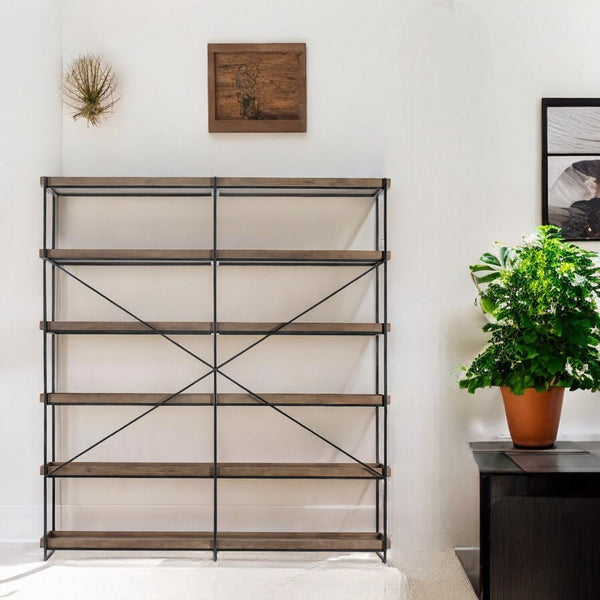 HomeRoots 88" Modern Iron and Wood Five-Tier Bookcase – Industrial-Style Storage for Home or Office Decor 380597