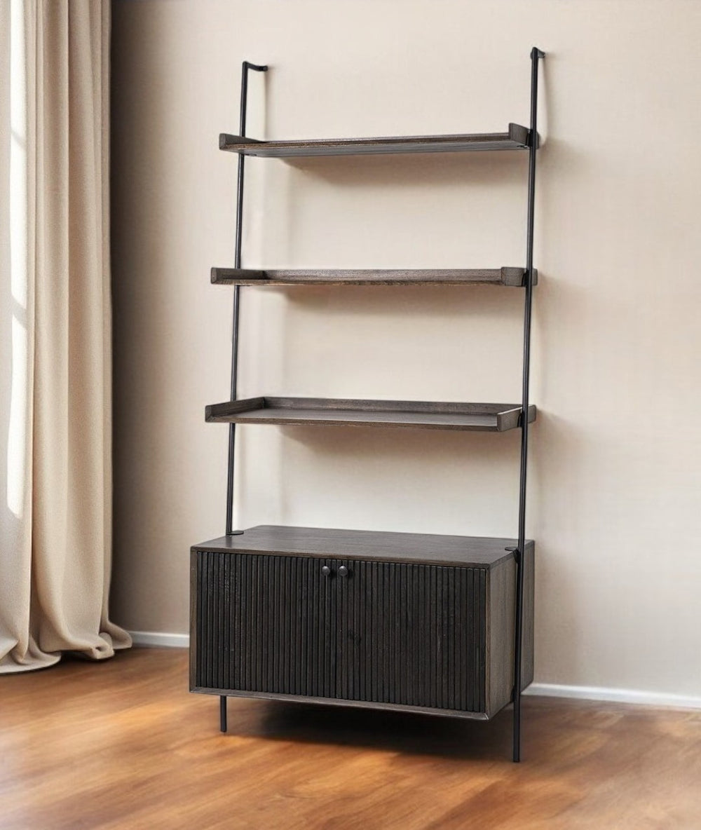 HomeRoots Dark Brown Metal and Wood Three-Tier Ladder Bookcase - Rustic Industrial Charm for Stylish Storage 380598